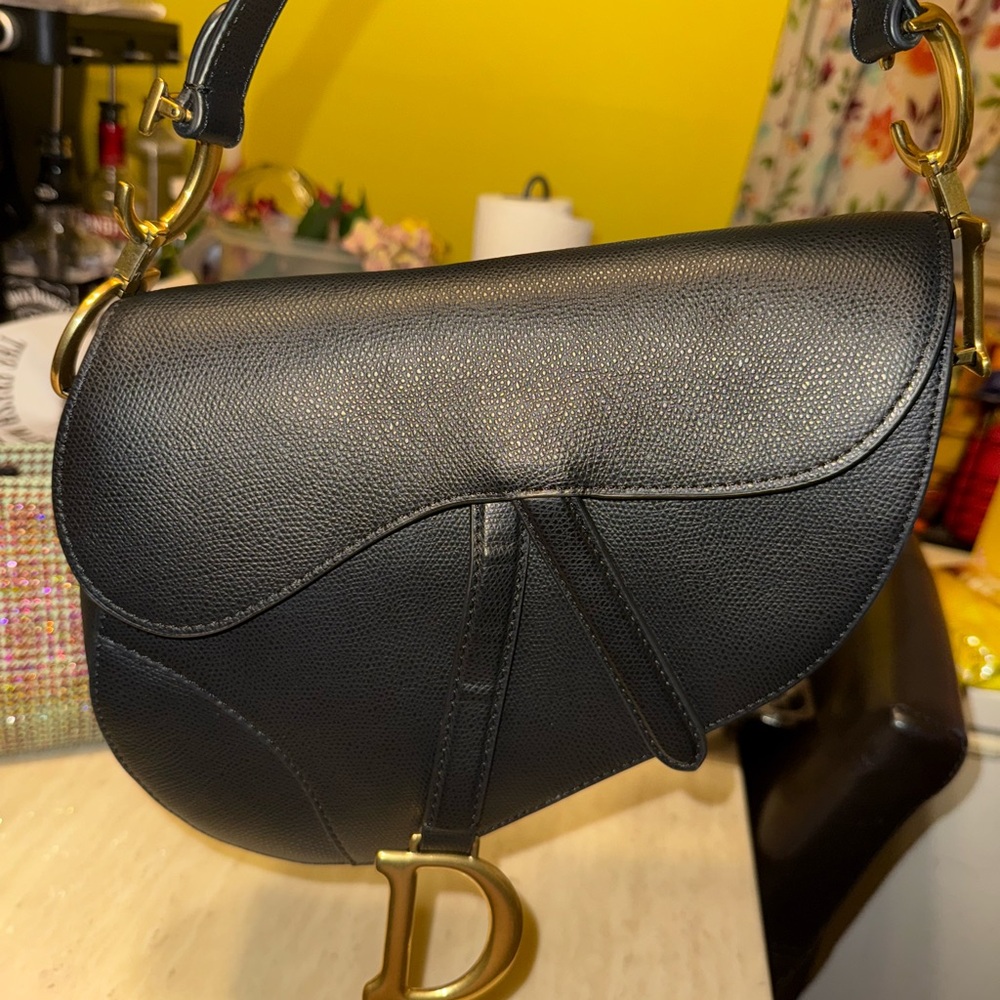 Dior Black and Gold Shoulder Bag with Iconic Saddle Design